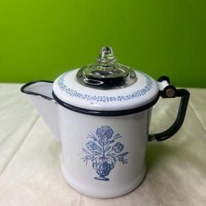 Vintage Enamel Coffee Pot/Percolator, Blue & White Retro Flowers, Vintage Enamelware, French Brocante, Floral Enamel Pot