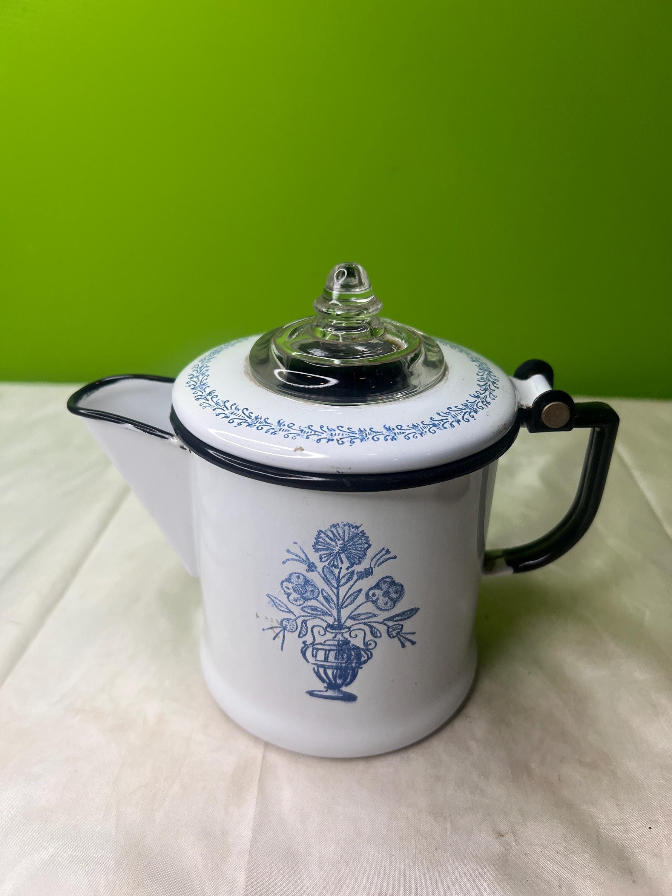 Vintage Enamel Coffee Pot/percolator, Blue & White Retro Flowers