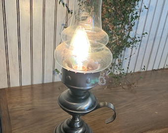 Vintage Pewter Electric Oil lamp with bubble style clear chimney 15 inch