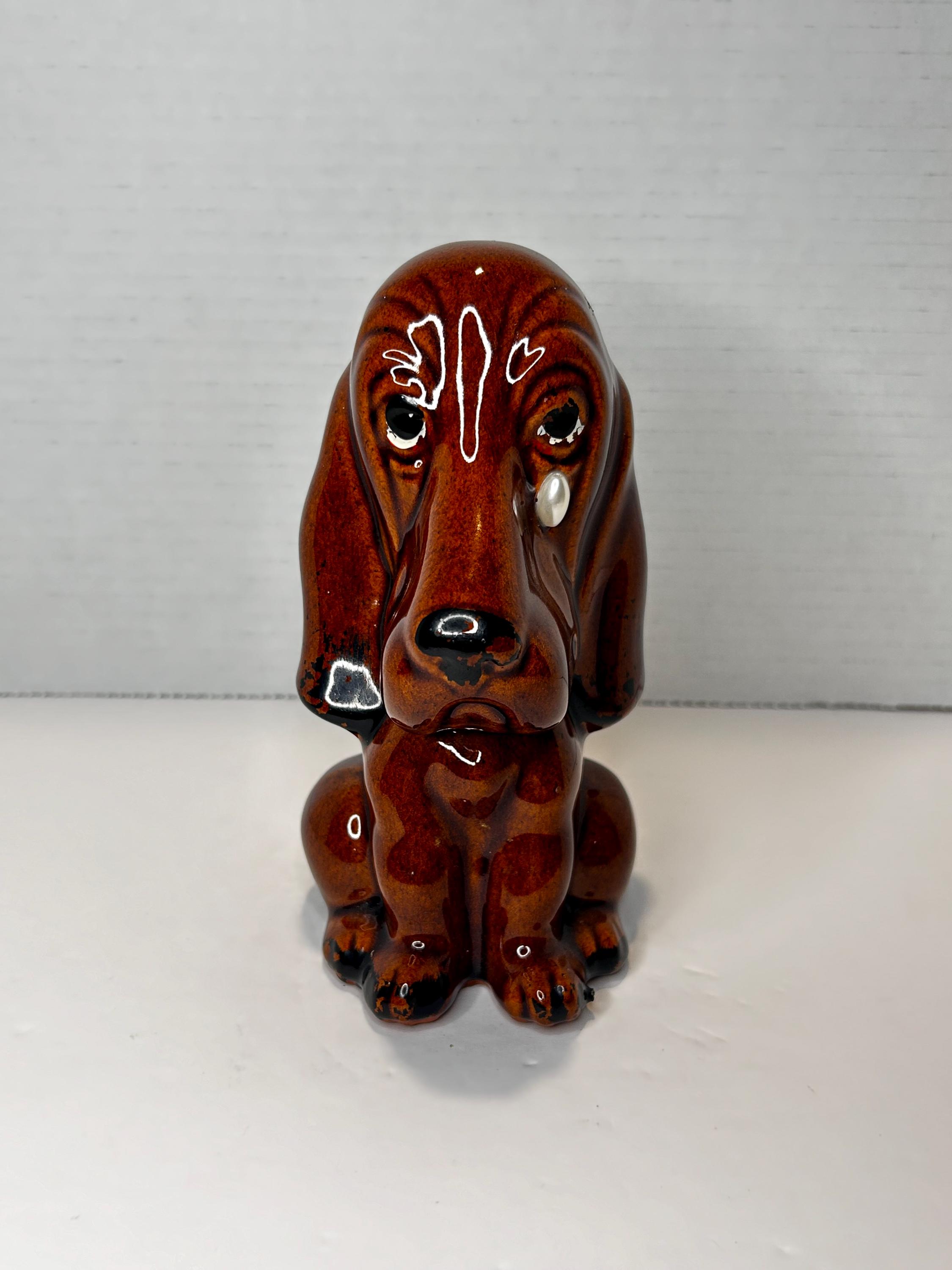 Vintage Glazed Ceramic Droopy Sad Bloodhound Basset Dog Coin Piggy