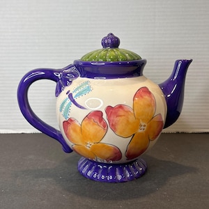 Vintage Blue Sky Keramik Heather Goldminc Tecknad Trollslända och Blommor Tekanna