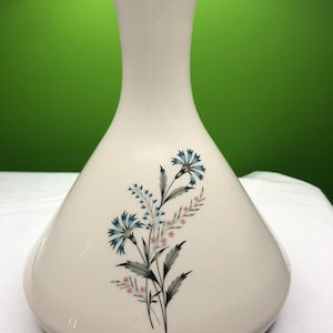 Vintage Ceramic flask shaped Vase with gorgeous Coral and pink flowers pattern on classic ivory with platinum trim