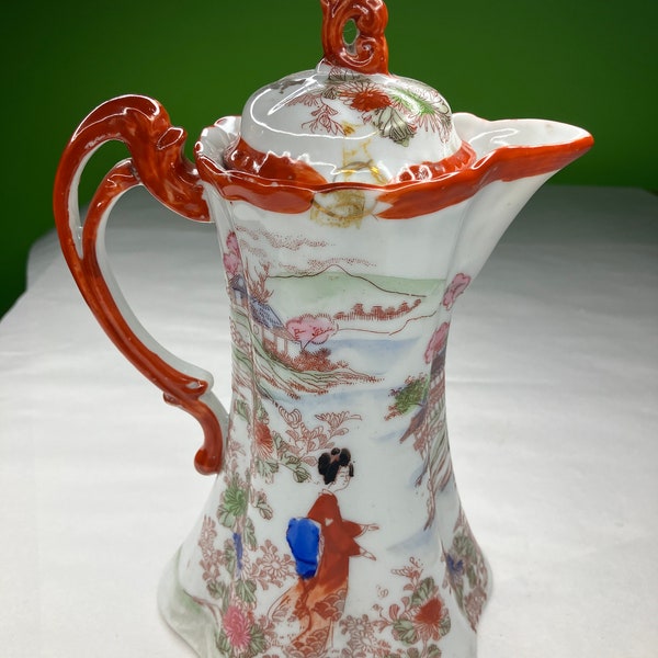 Vintage Fine Porcelain Hot Cocoa Pitcher Geisha Style hand painted Gorgeous