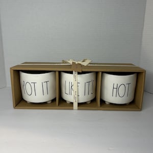 Puede incluir: Un juego de tres macetas de cerámica blanca con letras negras. Las macetas están etiquetadas como "Pot It", "Like It's" y "Hot".