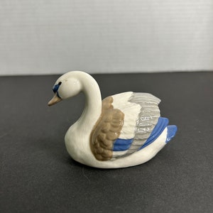 Vintage Miniature Porcelain White and Blue Swan Figurine