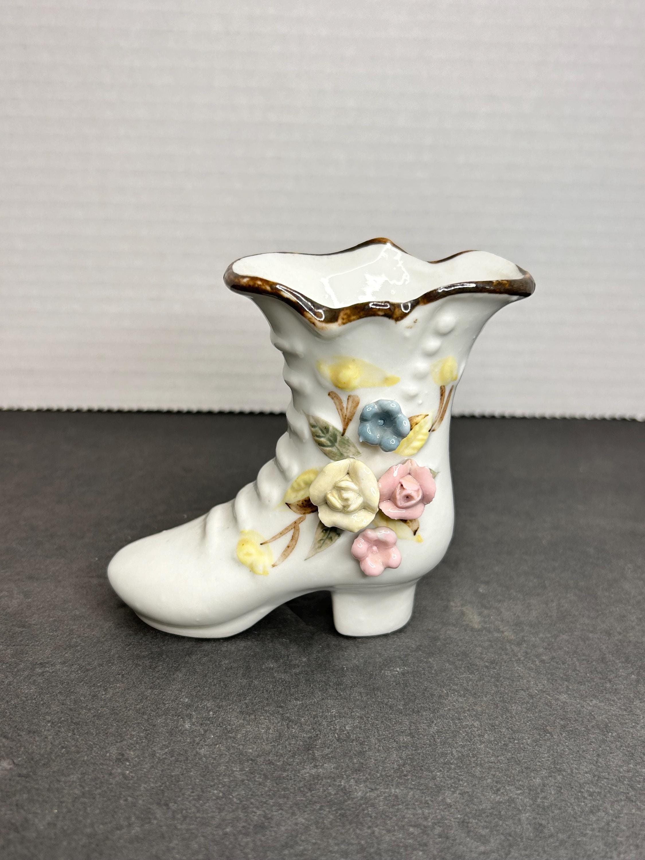 Vintage Handpainted Porcelain Multicolor Flower French Boot Vase