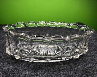 Vintage Heavy Cut Glass Dish Scalloped Crown Rim with gorgeous Pattern and starburst bottom on Pedestal