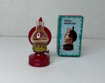 Vintage Miniature Red Faux Die Cast Oil Lamp Pencil Sharpener