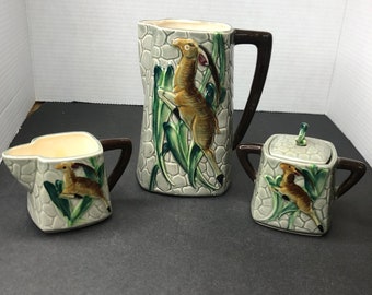 Vintage 1940-1950s L. Batlin and Son Leaping Gazelle 6-3/4" Pitcher creamer and sugar bowl with lid