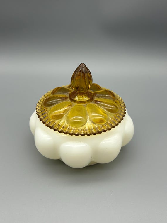 Vintage Fenton Milk and Amber Glass Bubble/ Pumpkin Shape Vanity