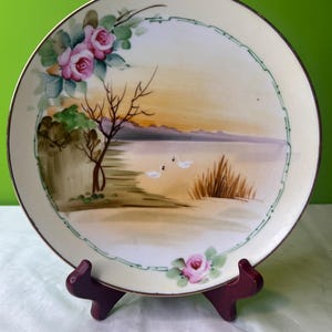 Vintage Nippon Hand Painted Decorative Plate ~ Floral Sunset, Lake and Swan Design