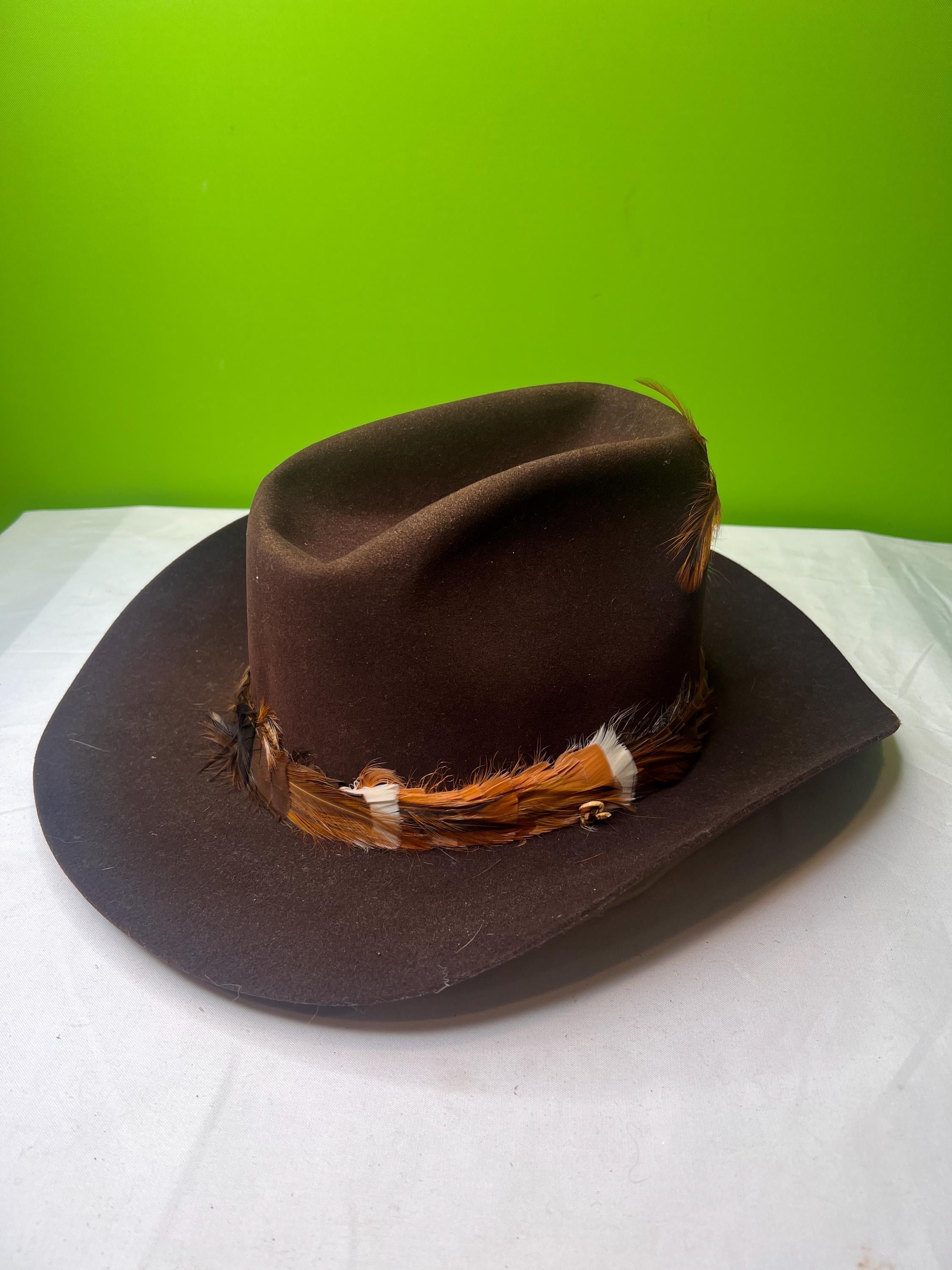 Chapeau De Cow-Boy Vintage Canyon Trails - Taille S (6 3/4 - 6 7/8) - Marron à Plumes - Années 70