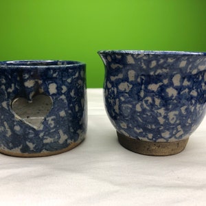 Vintage Ceramic Sponge Glaze Set Planter/vase and Votive Classic Blue and white Platter with nice size set of 2