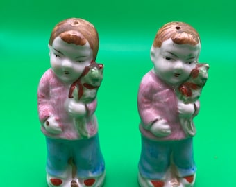 Vintage Hand Painted Kid Holding Cat Salt and Pepper Shaker Set