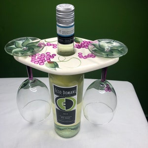 Vintage Wine Glass Caddy with Gorgeous Grape leaf design Ceramic Caddy and set of 2 Gorgeous wine glasses hand painted to match