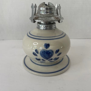 Lamplighter’s Farm Ceramic Oil Lamp with Blue Hearts/ Kerosene Table Lamp( no chimney)