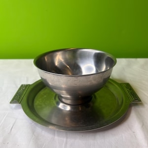 Vintage International Decorator Stainless Sauce Bowl / Gravy Bowl with Attached Underplate and Double Handled ~ Made in Japan