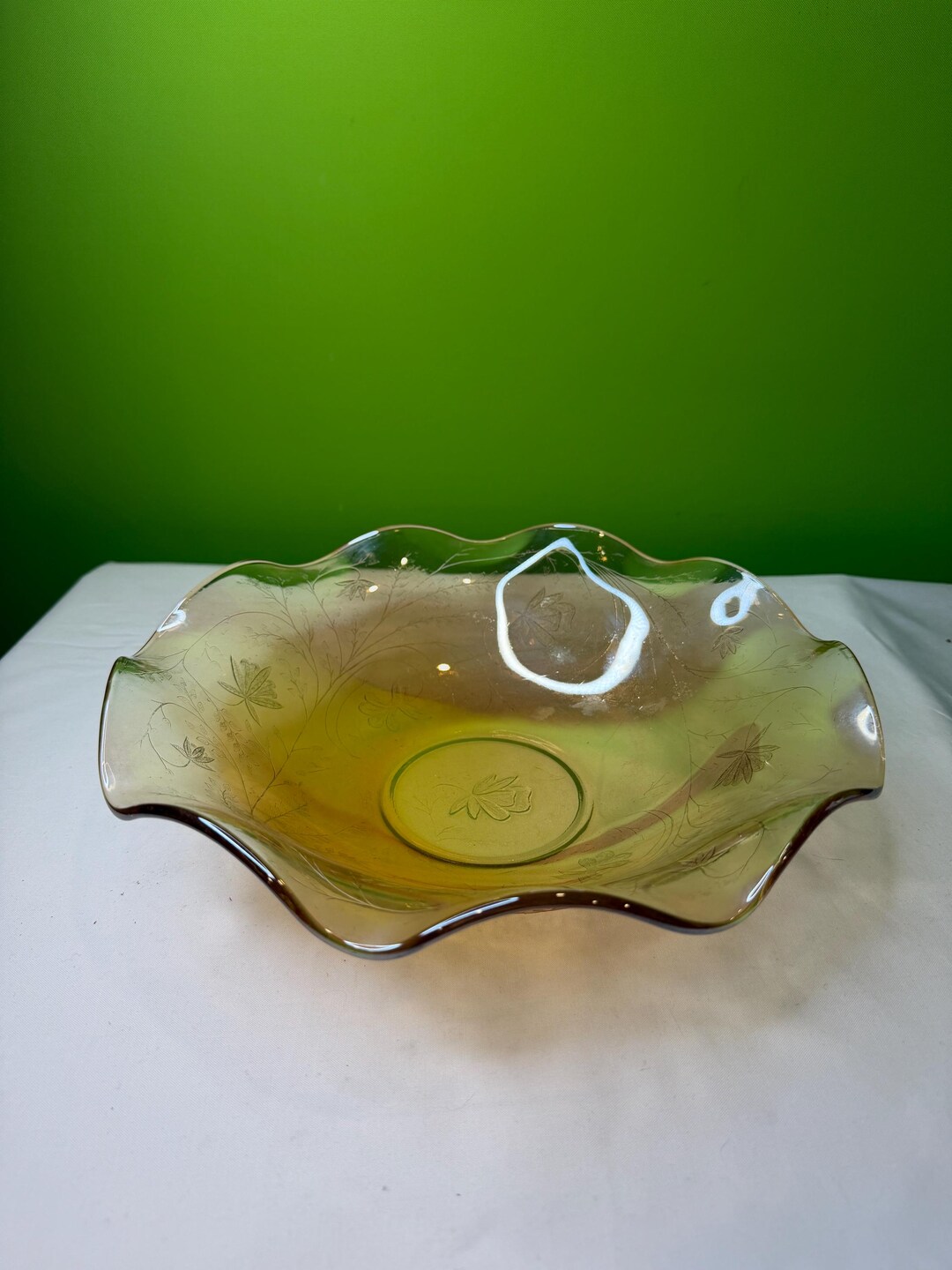 Vintage Amber Carnival Glass Bowl With a Ruffled Edge and Etched Floral ...