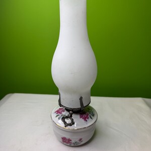 Vintage Small Porcelain Oil Lamp w/ Decorative Knob Pink Roses with White Painted Shade