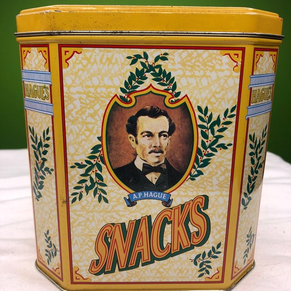 Vintage Hague’s Snacks Tin Beautiful Coloring and great photo of owner Nice Condition