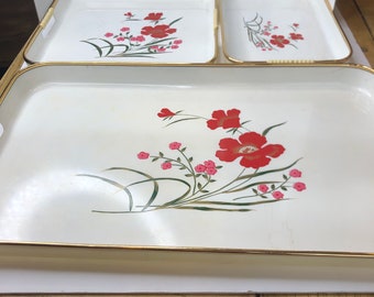 vintage 3 Piece Lacquerware Tray Set Hand Decorated White Red Flowers some wear noted in pictures