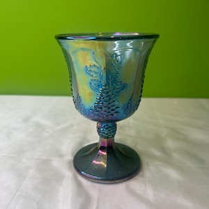 Vintage Blue Iridescent Carnival Glass Goblet Indiana Harvest Grape