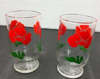 Vintage Juice Cup Anchor Hocking Glass Red Poppy Flower set of 2