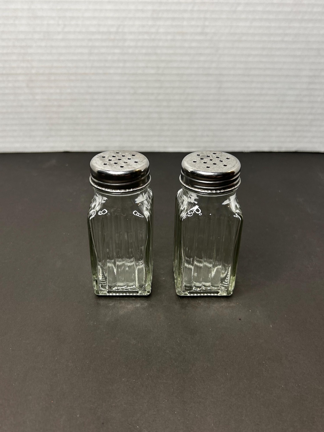 Square Ribbed Glass Vintage Square Ribbed Clear Glass With Tin Caps Standard Salt and ...