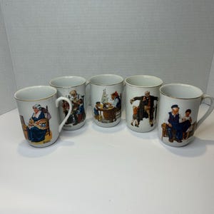 Vintage Norman Rockwell Set of 5 Mugs - Includes ToyMaker Memories Lighthouse Daughter Good Boy Saturday Evening Post