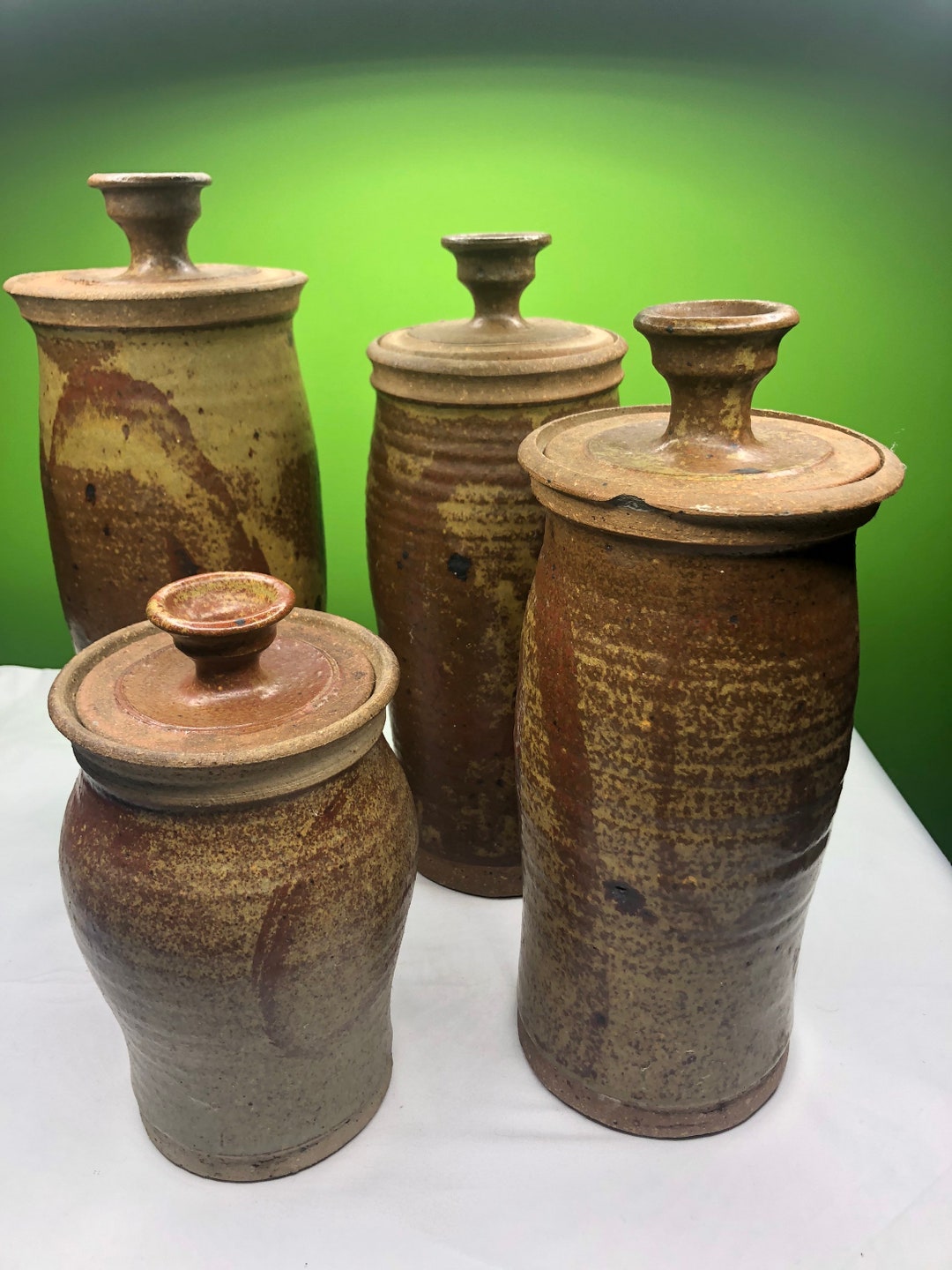 Vintage Primitive Stoneware Pottery Ceramic Canister Set of 4 Extremely