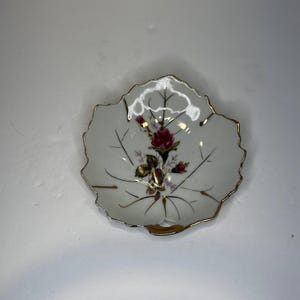 Vintage Porcelain Leaf Shape with Red Rose and Gold Detail Ring Trinket Dish