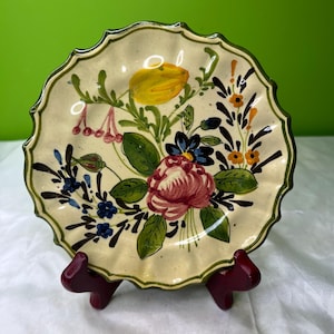 Vintage looks to be Italian Renaissance Revival Faïence Nove Rose Floral Dessert Plate ~ Handpainted with Scalloped Edge