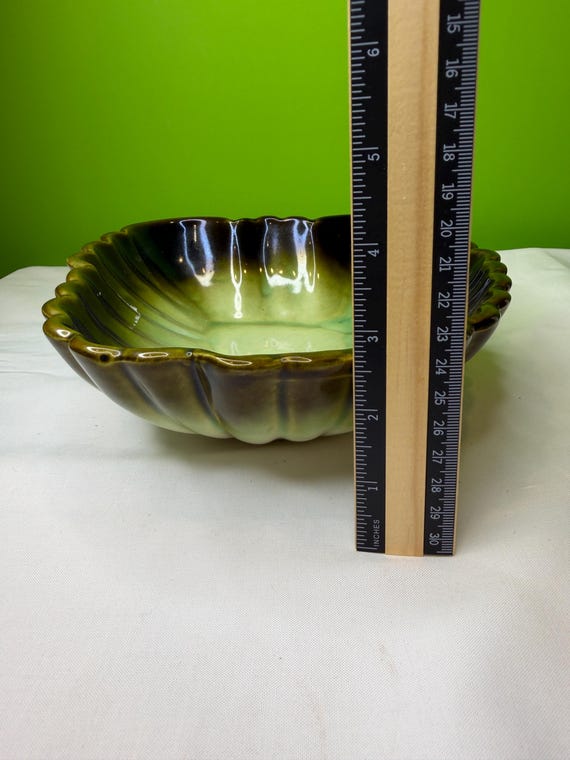 Vintage Mid-century HULL Art Pottery USA Green Ombre Scalloped