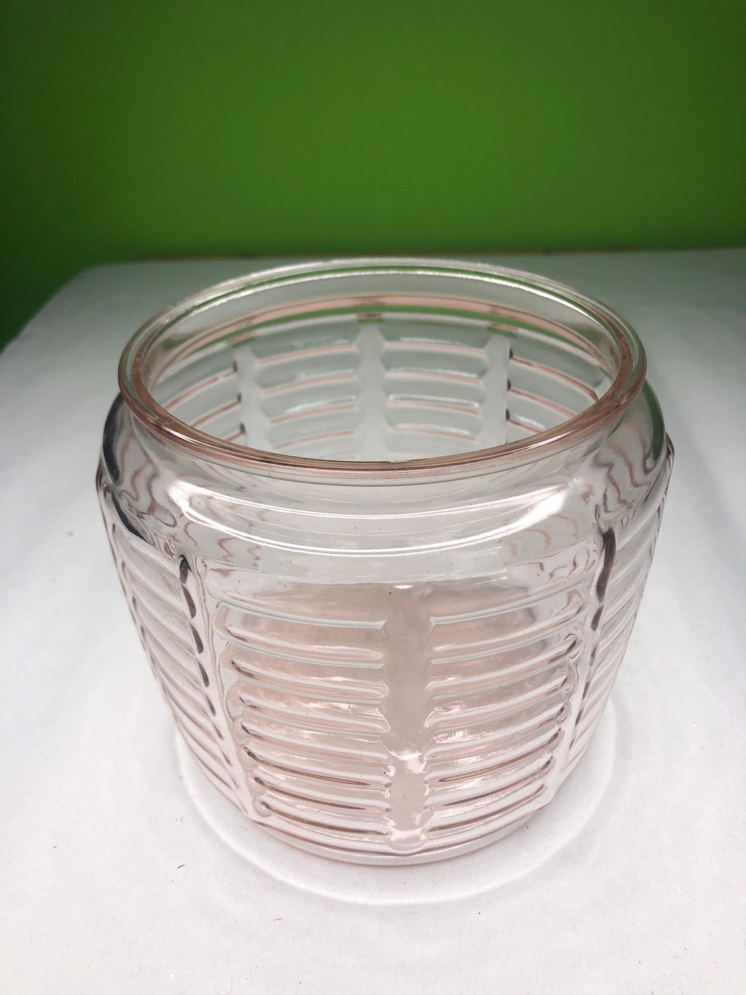 Vintage Pink Depression Glass Biscuit Jar With Ribbed Design and