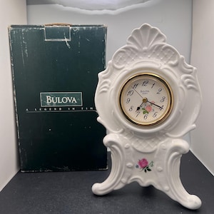 Vintage Bulova Quartz White Porcelain Mantel Clock with Pink Floral Design ~ Beautiful ~ Unsure of working condition ~ Made in Taiwan