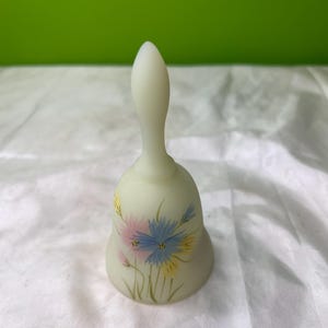 Vintage Fenton, Bell, Custard Glass, "Dianthus on Custard" ~ Uranium Glass with Hand Painted Floral Design