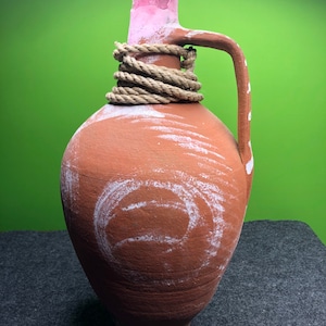 Vintage Ceramic Pottery Stoneware Jug with Rope feature and Handle with Gand Painted Accents Primitive