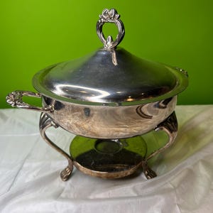 Vintage 2 Piece Silver Plated Round Chafing Dish with Tripod Base ~ Casserole Holder with Lid