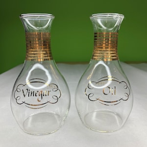 Vintage Pyrex Clear Glass Gold Aceite y Vinagre Cruet Botella set