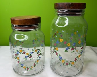Vintage Wahl zwischen 2 Anchor Hocking Bonbongläsern mit floralen Herzen
