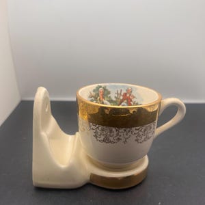 Vintage Sabin Crest-O-Gold Demitasse Cup ~ George and Martha Collection ~ 22k Warranted Gold ~ Porcelain Mounting stand