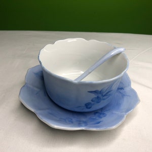 Vintage Fine Porcelain Bowl Saucer and spoon set with gorgeous Blue and white coloring and scalloped look