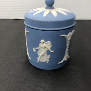Wedgwood Jasperware vintage blue 1970&#39;s tall trinket box, blue Jasperware, Jasperware lidded pot, Jasperware collectors made in England