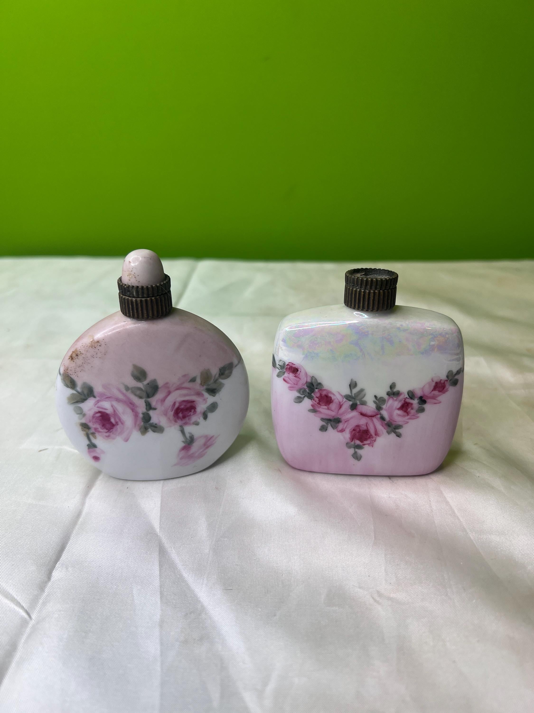 アンティーク 花柄陶器香水瓶セット ヴィンテージ風セラミック/磁器製香水瓶2本セット ～ ピンクの花柄