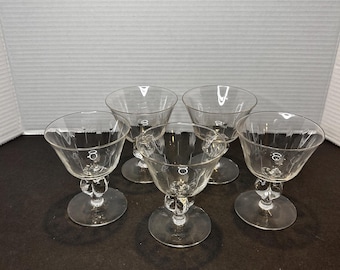 Juego vintage de 5 copas de champán con tallo esférico transparente de 4,25" grabadas y de trigo