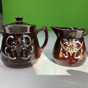 Vintage Red stoneware creamer and sugar set Hand painted with gorgeous details