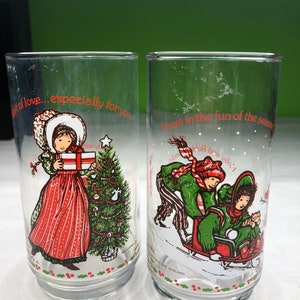 Vintage glass tumbler Coca Cola holly hobbie Christmas scene set of 2