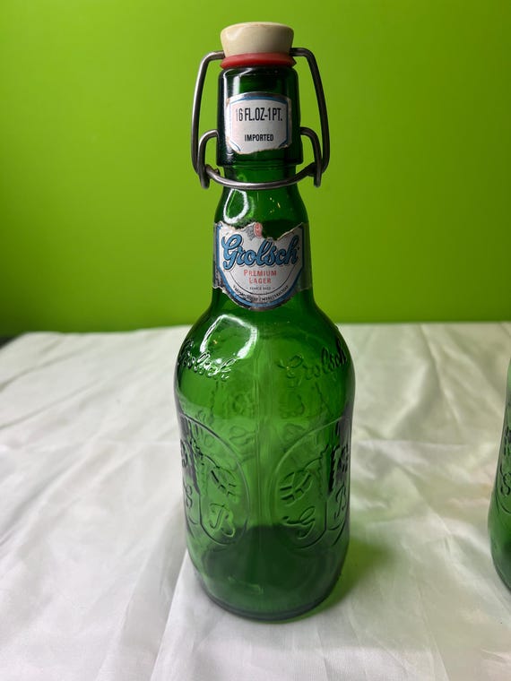 Vintage Grolsch Green Lauger Beer Bottle With White/red Porcelain