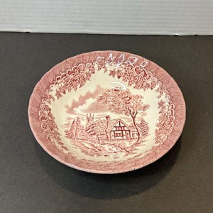 Könnte beinhalten: Eine rosa-weiße Keramikschüssel mit einer Cottage-Szene und einem floralen Rand. Die Schüssel hat einen Durchmesser von etwa 18 cm.