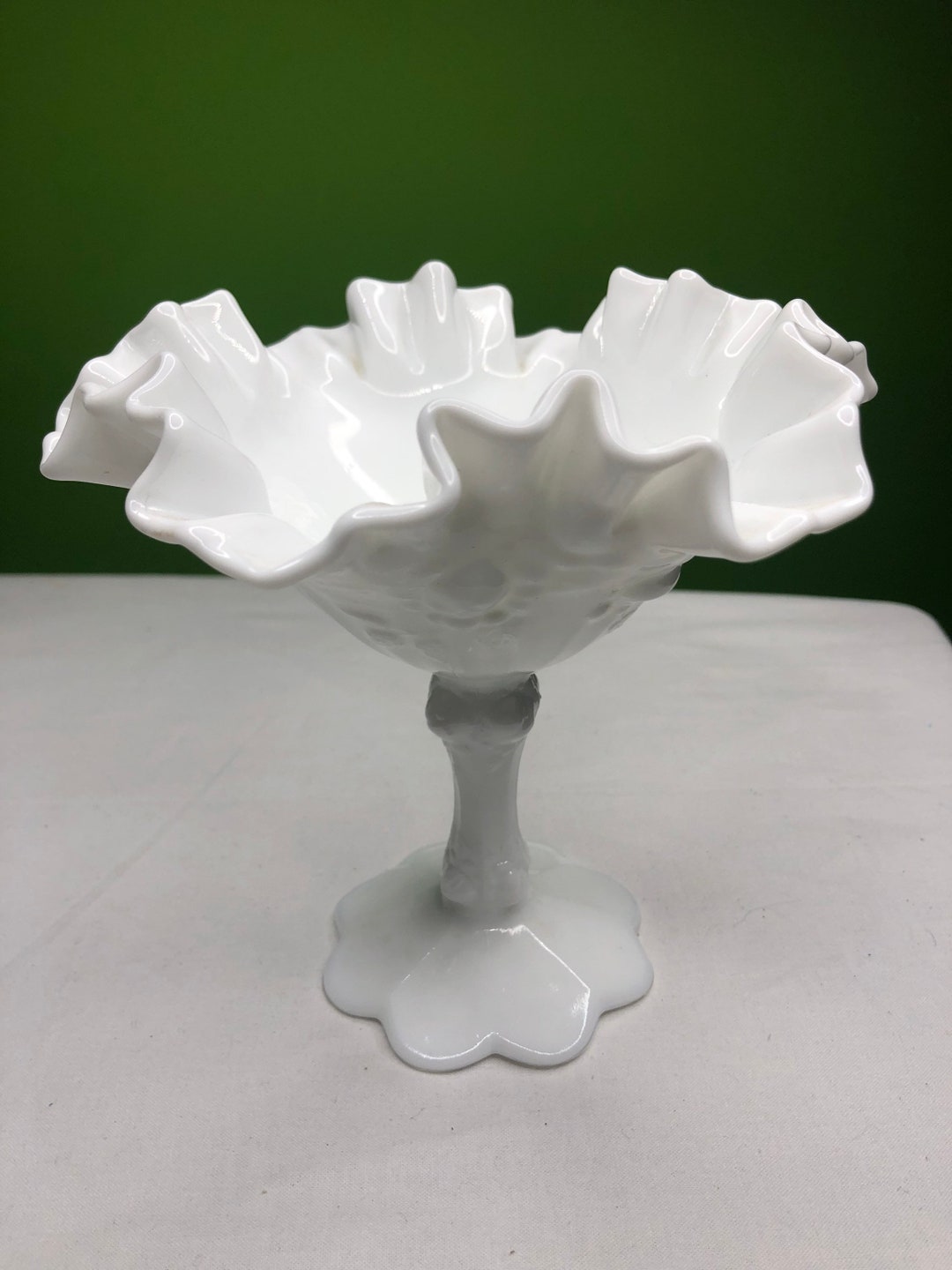 Vintage Ruffled Dish Raspberry Vintage Milk Glass Candy Dish Ruffle Edged With Pedestal and Beautiful ...